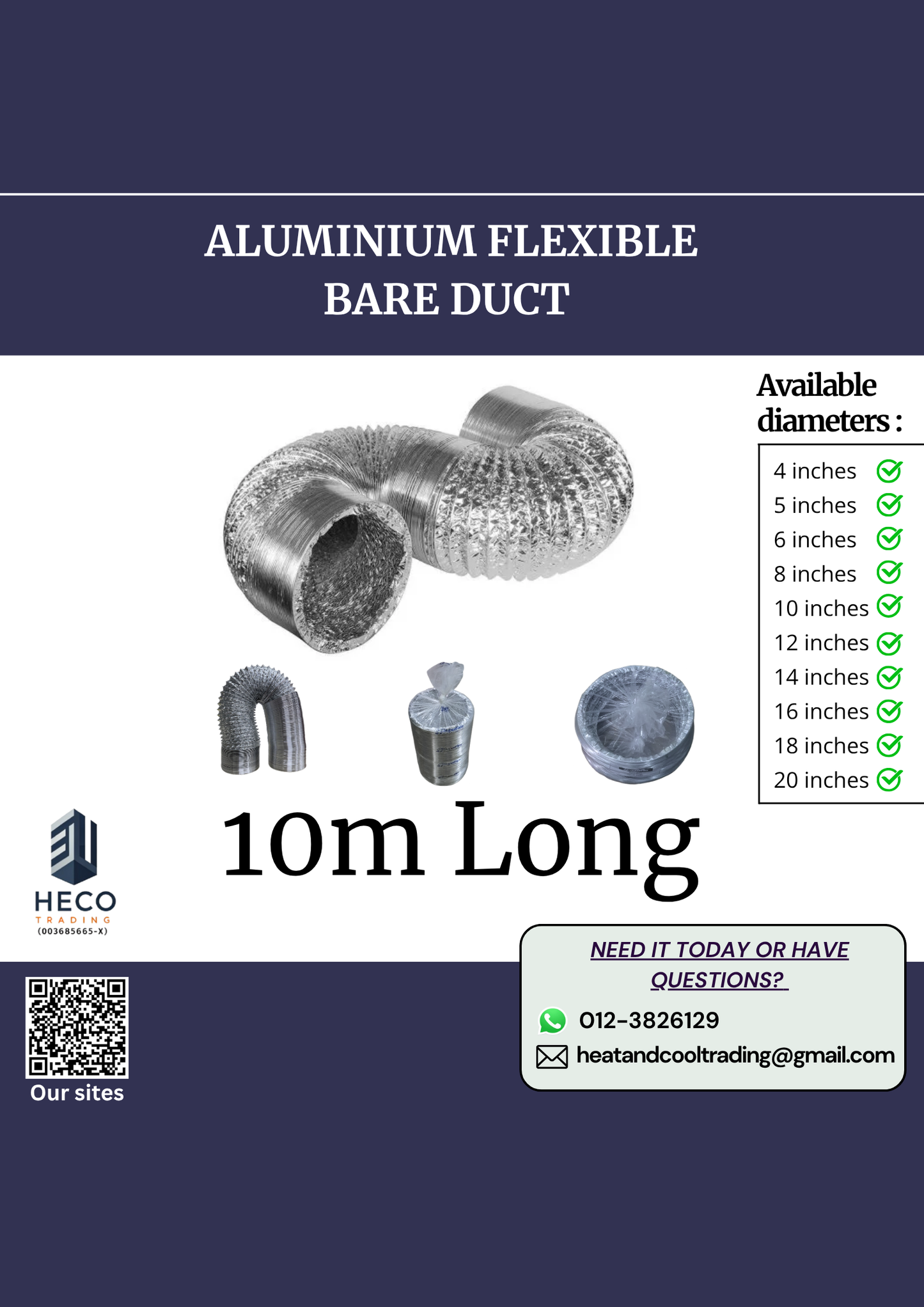 Aluminium flexible bare duct with available size details and Heco branding on a blue background