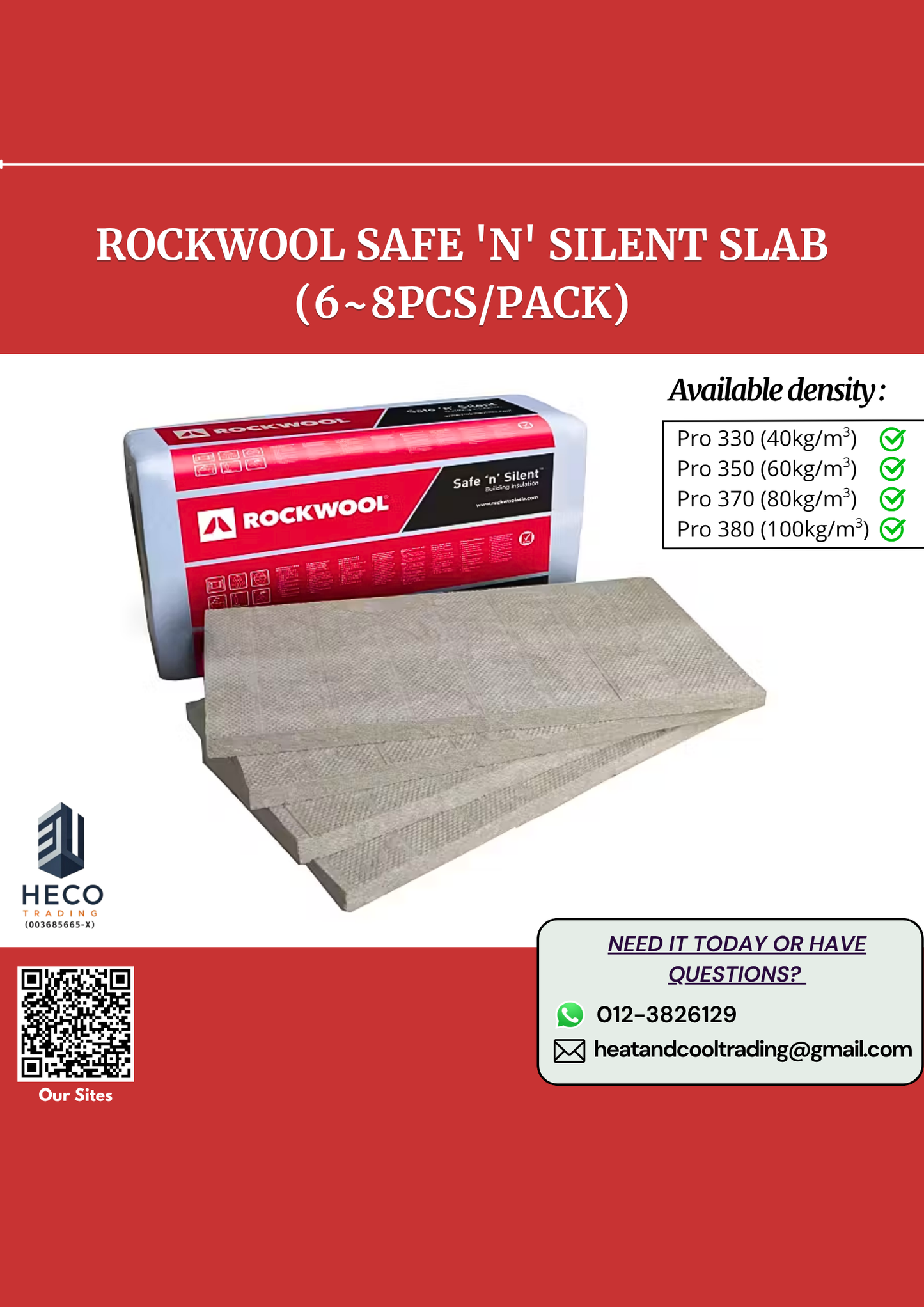 Rockwool safe 'n' silent slab packaging with product details on a red background