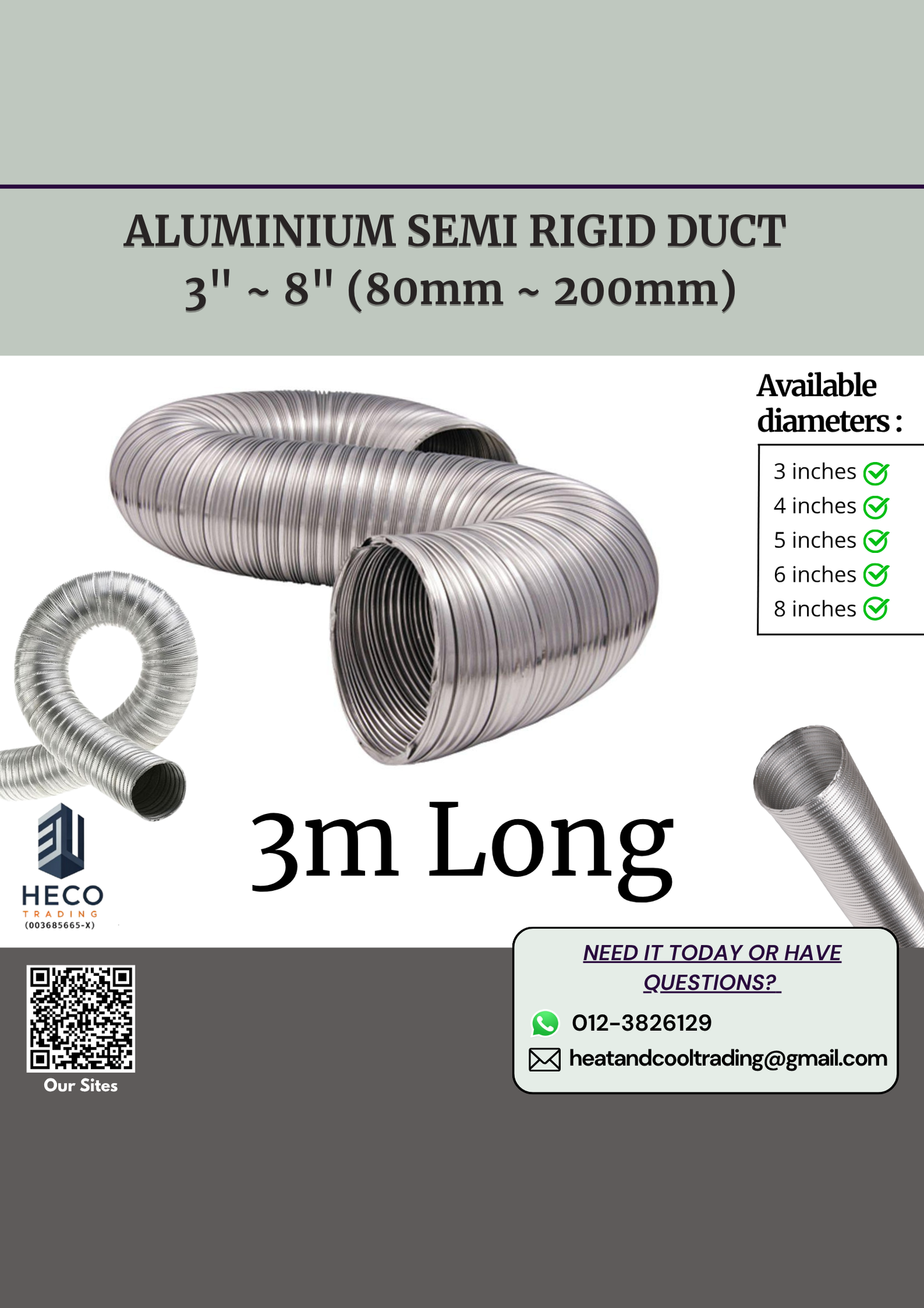 Advertisement for aluminium semi-rigid duct 3m with different diameter details and Heco branding.