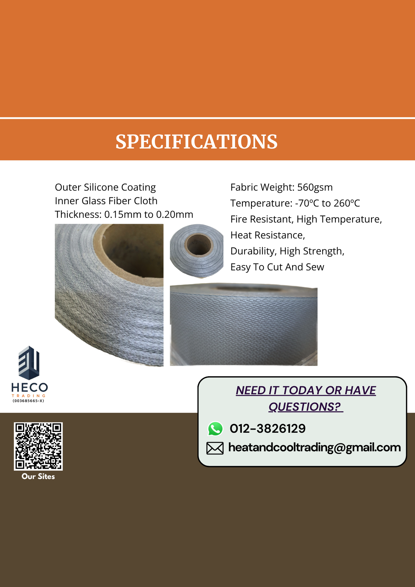 Silicone coated fibreglass fabric product specifications sheet with images and text.