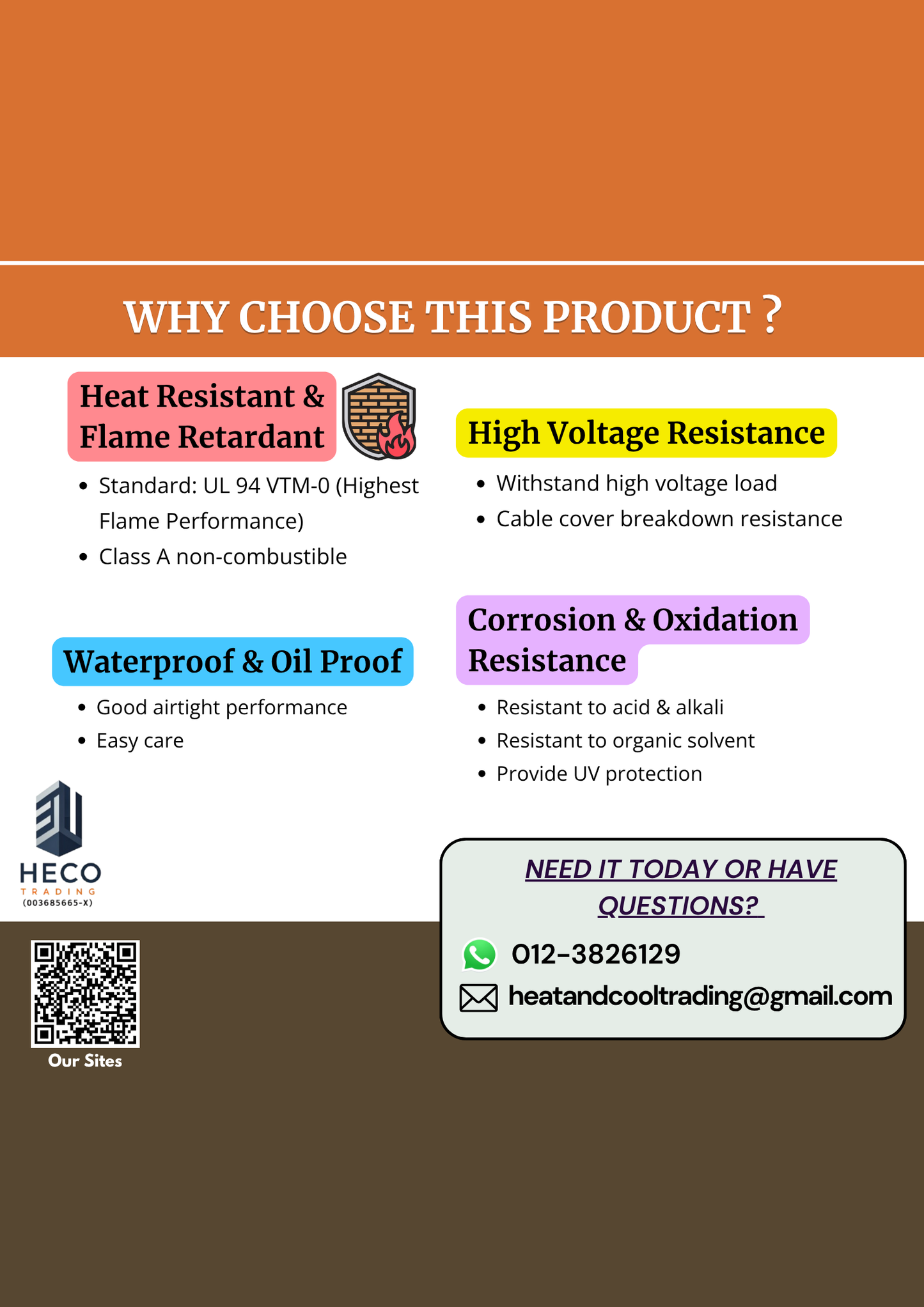 Product feature card with text on heat resistance, flame retardancy, high voltage resistance, waterproofing, and oil proofing.
