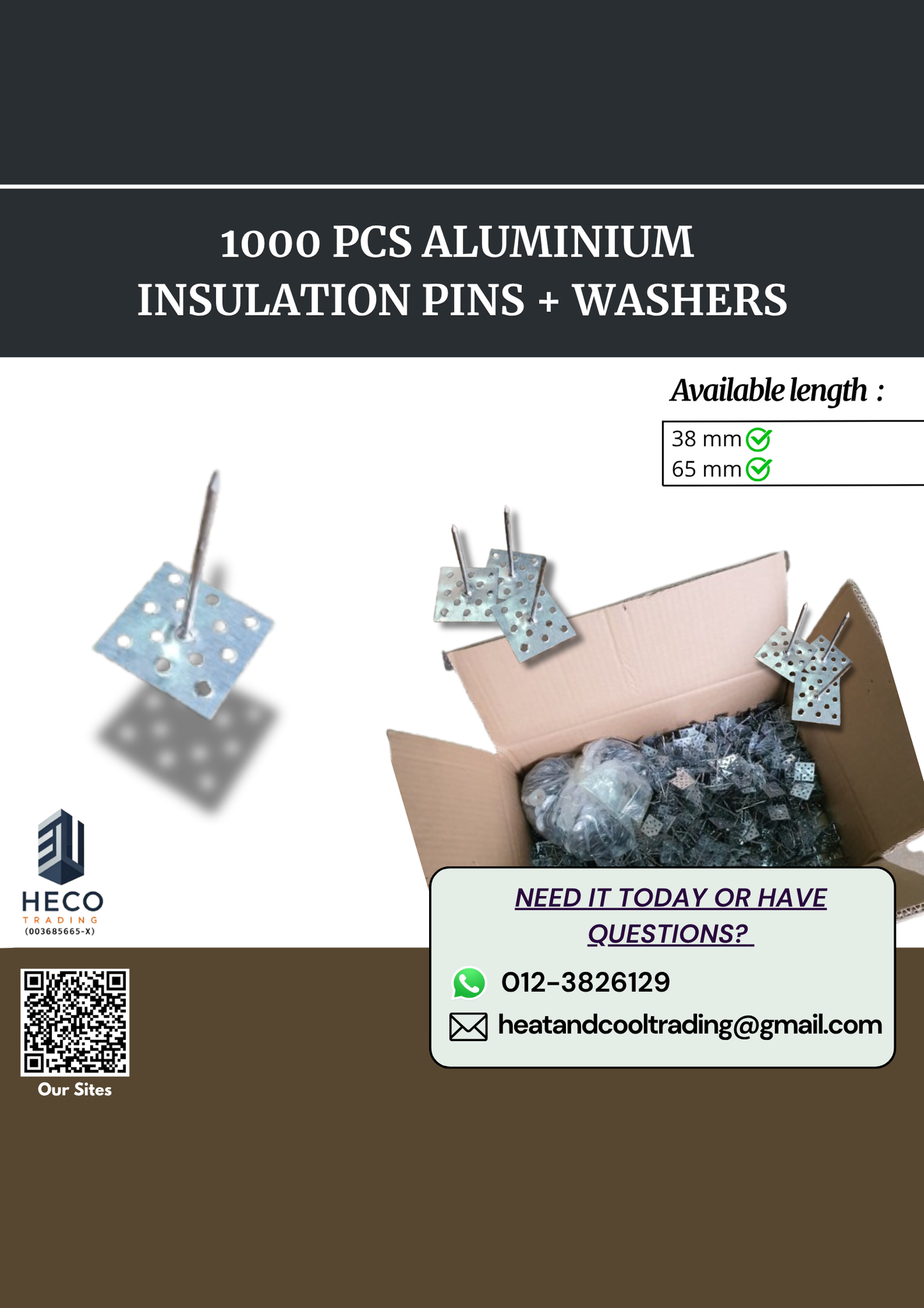 Aluminium Insulation Pins 1000 PCS W Washers for Fastening Insulation Materials 38mm/65mm Length