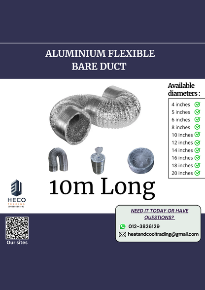 Aluminium flexible bare duct with available size details and Heco branding on a blue background