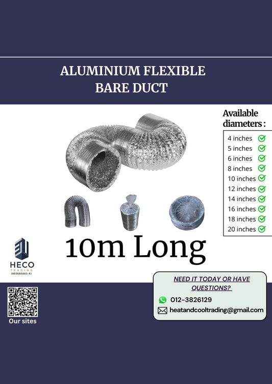 Aluminium flexible bare duct with available size details and Heco branding on a blue background