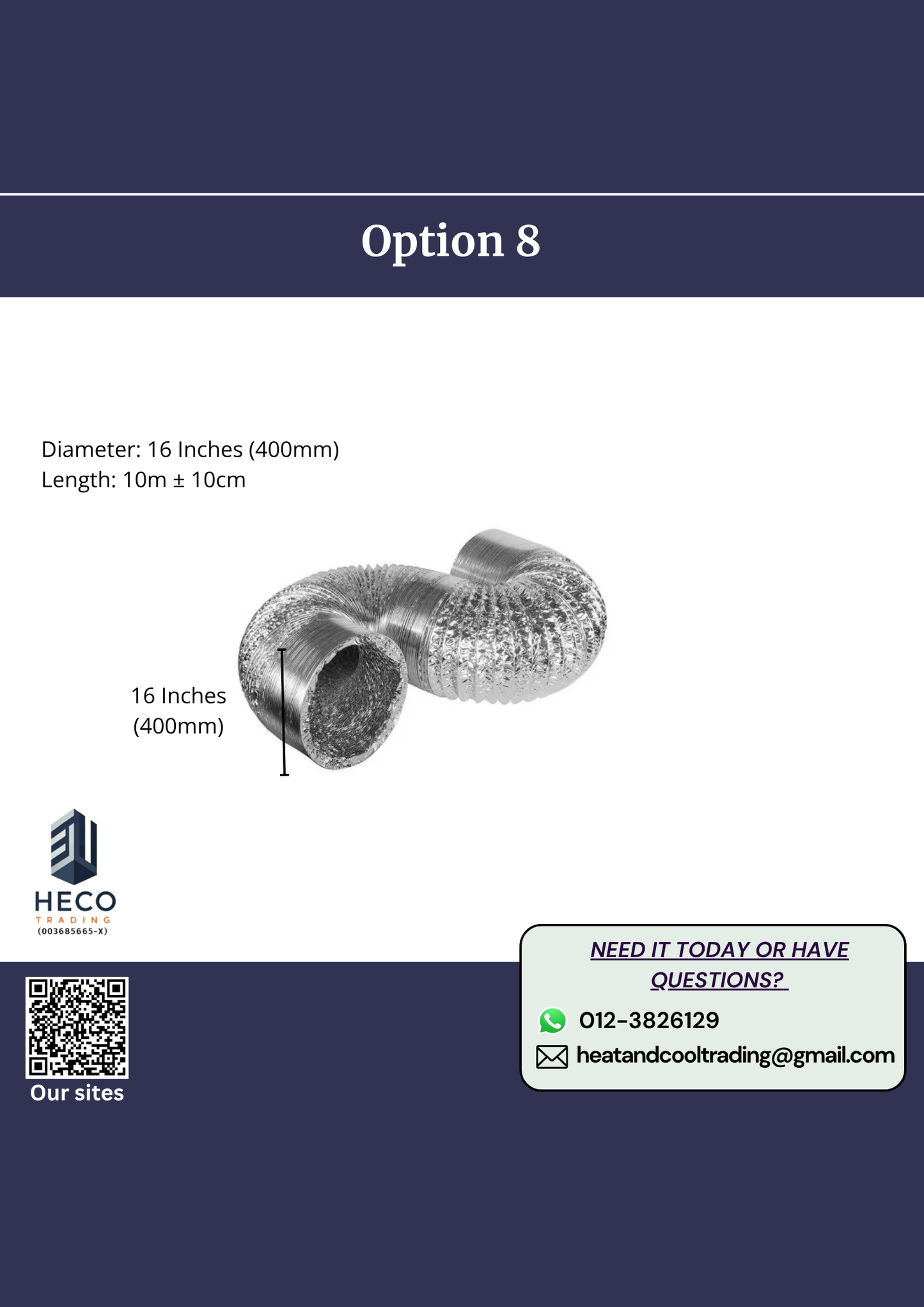 Flexible Bare Duct 10m long w Diameter [4 inches to 20 inches]