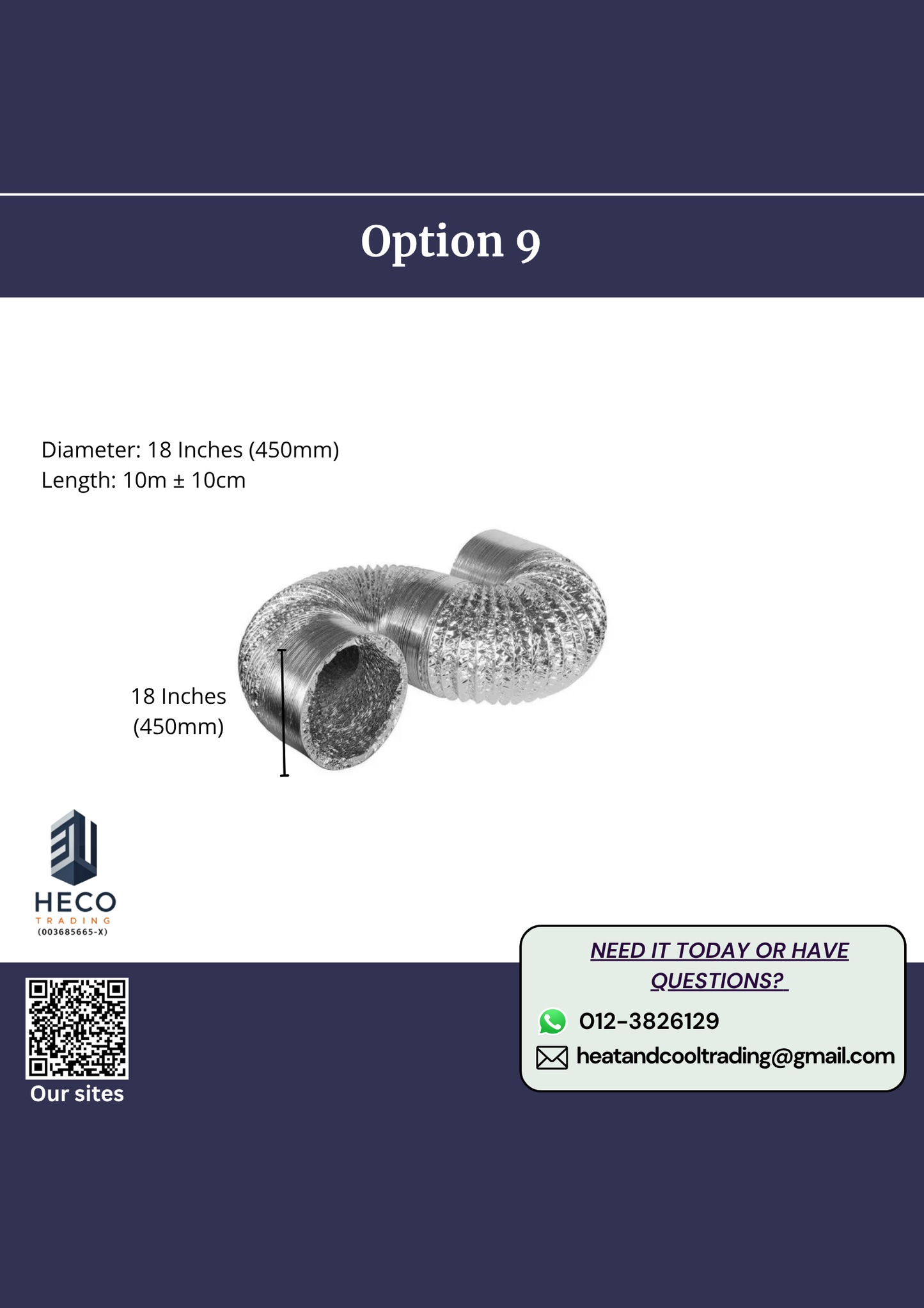Flexible Bare Duct 10m long w Diameter [4 inches to 20 inches]
