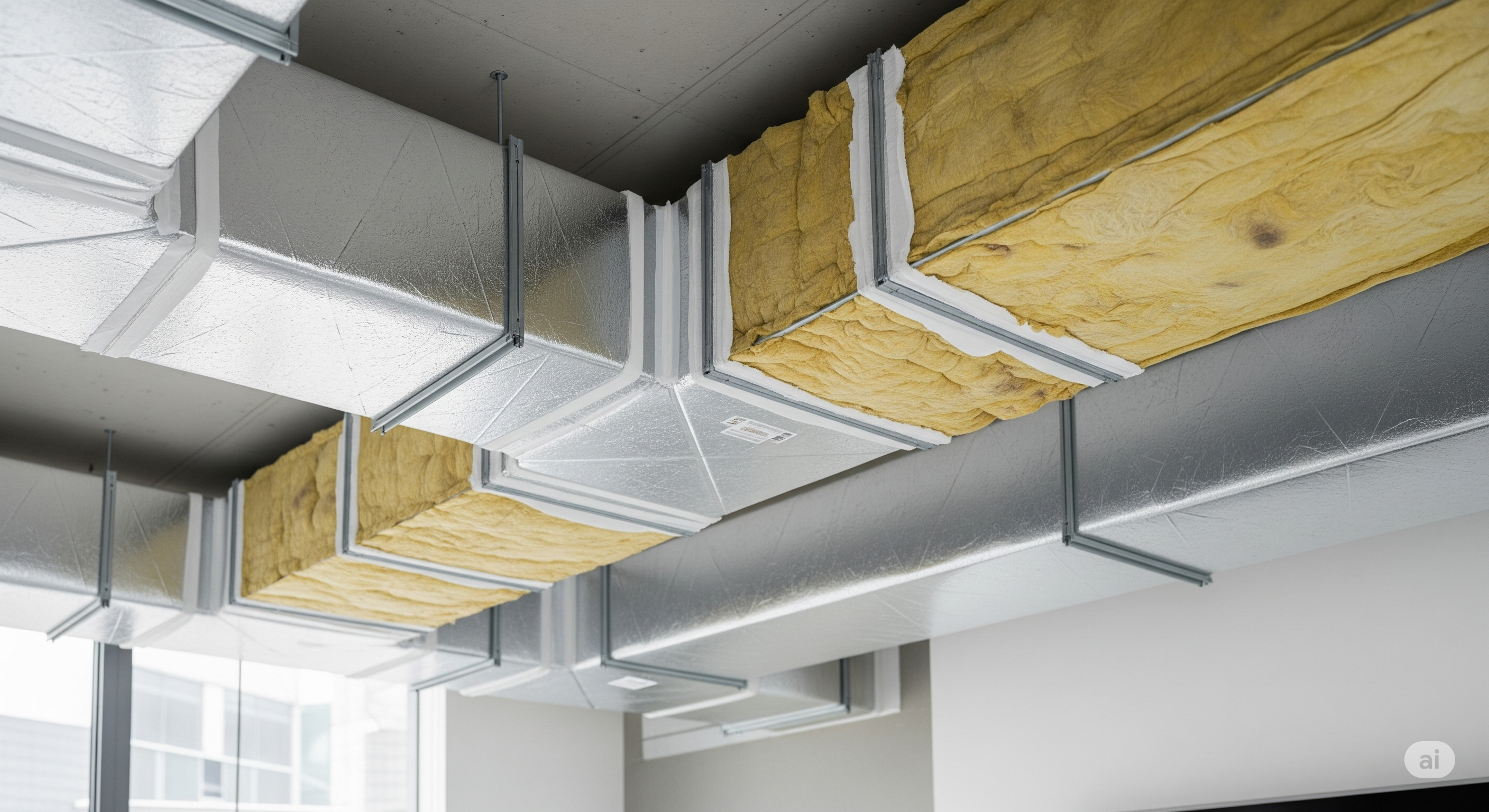 Ceiling with modern design elements including metallic panels and wooden accents as background