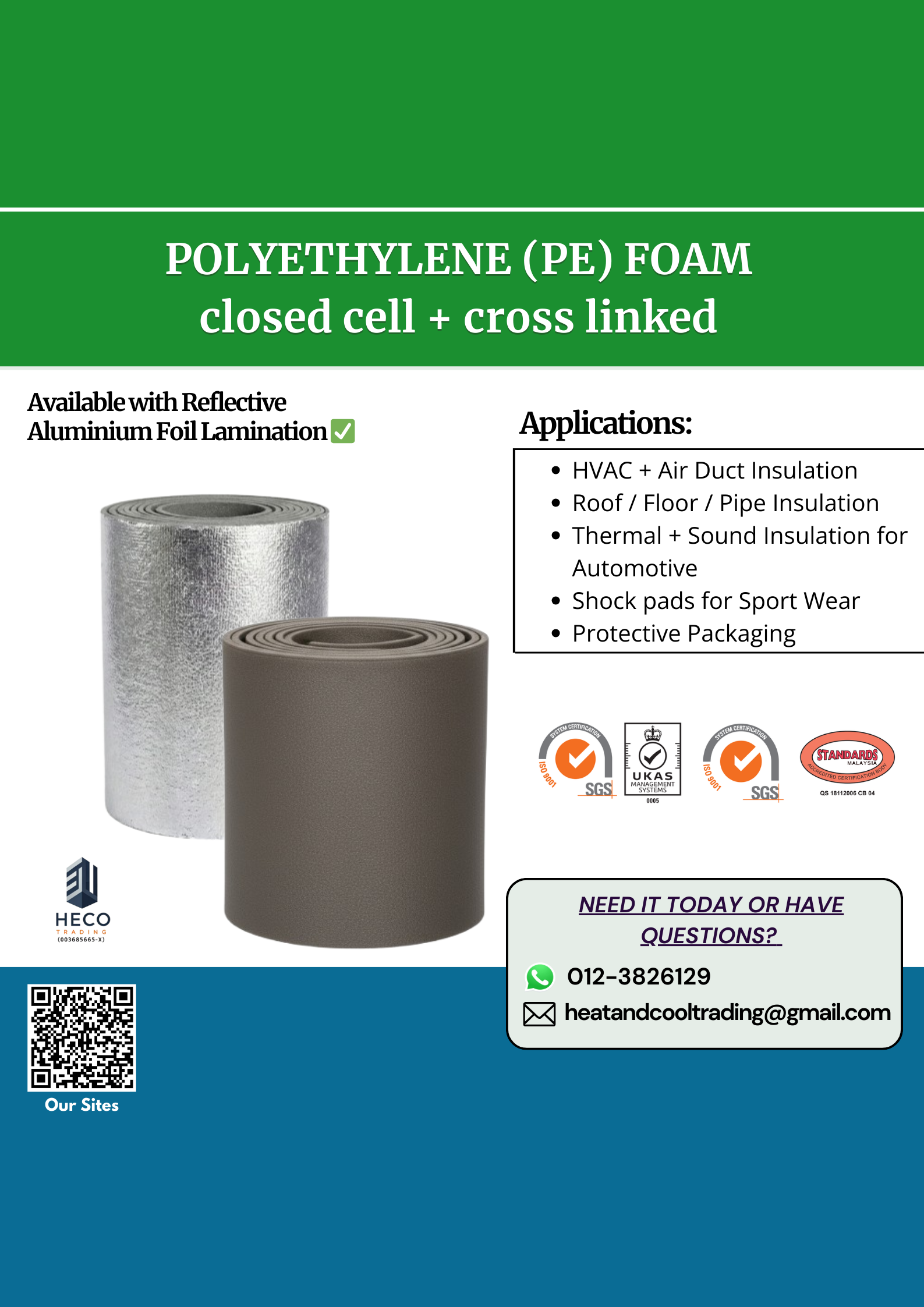 Advertisement for polyethylene foam with Heco branding and product details.