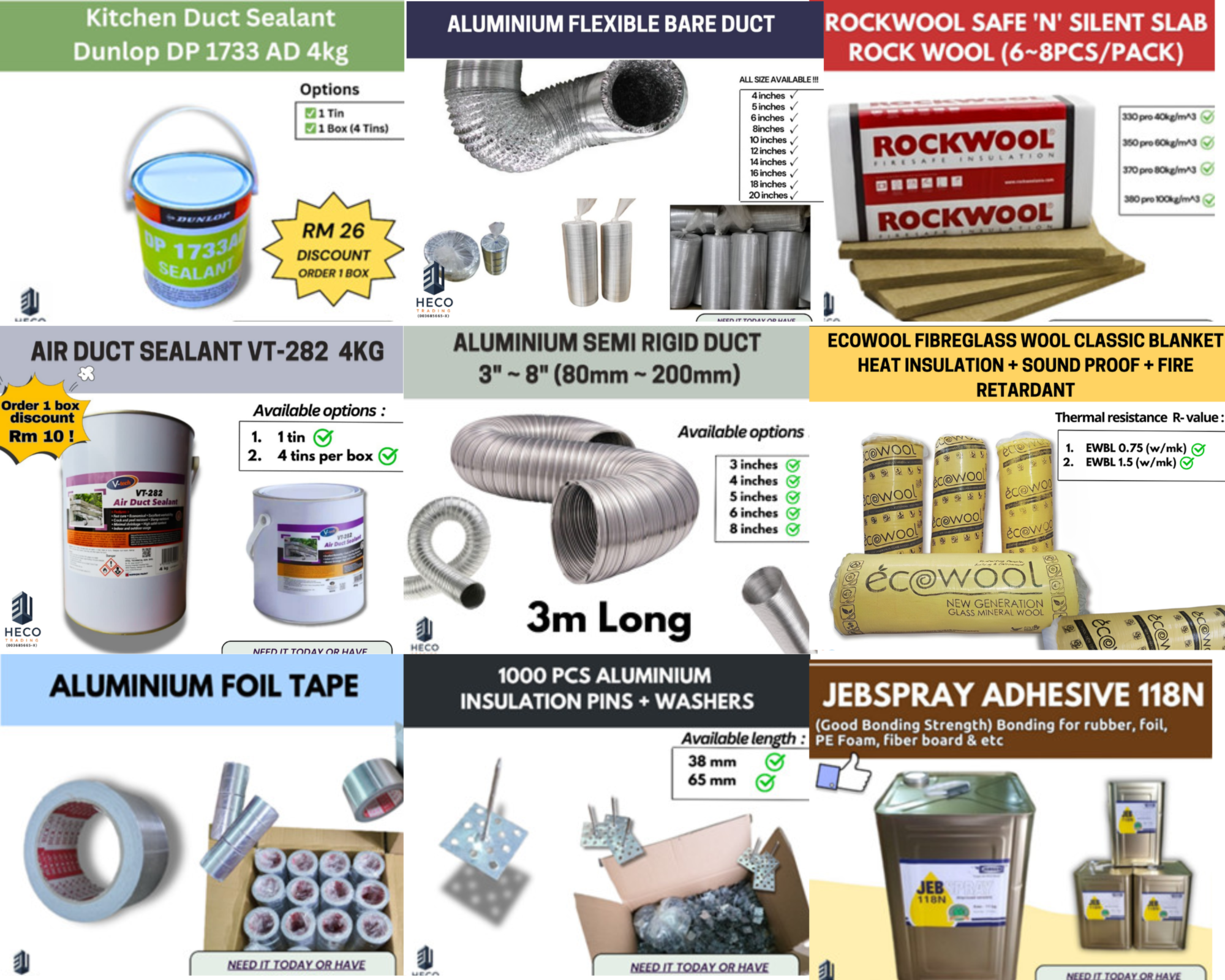 Collection of insulation and ducting products with labels and specifications.