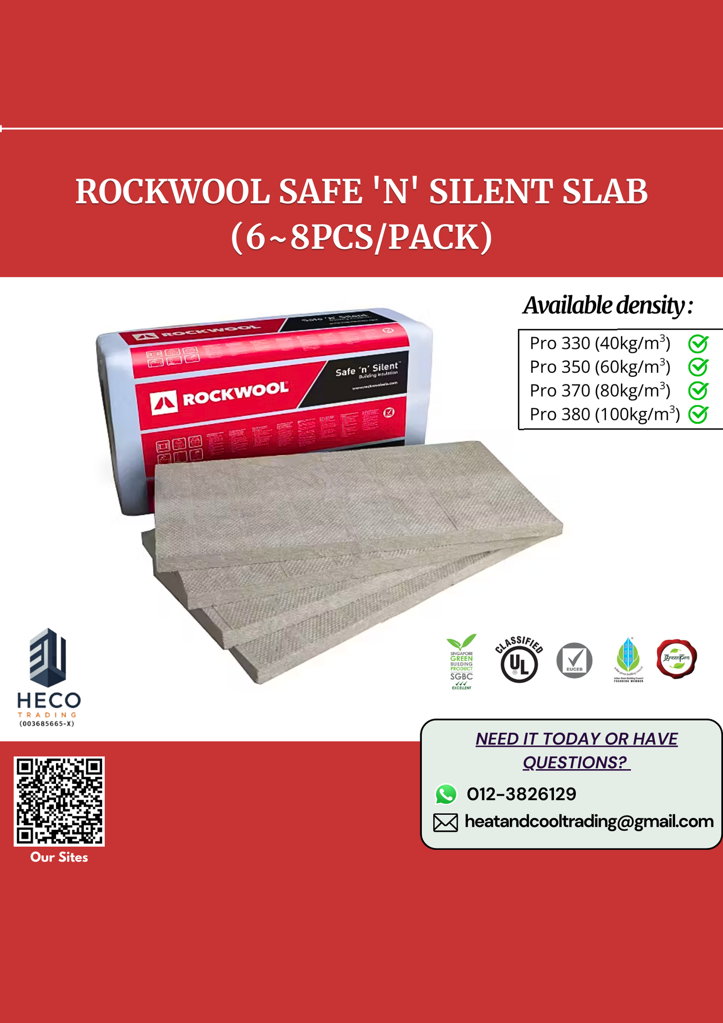 Rockwool Safe 'n' Silent Slab Rock Wool (6~8pcs/pack) Mineral Wool Wall Sound Proofing Heat Insulation