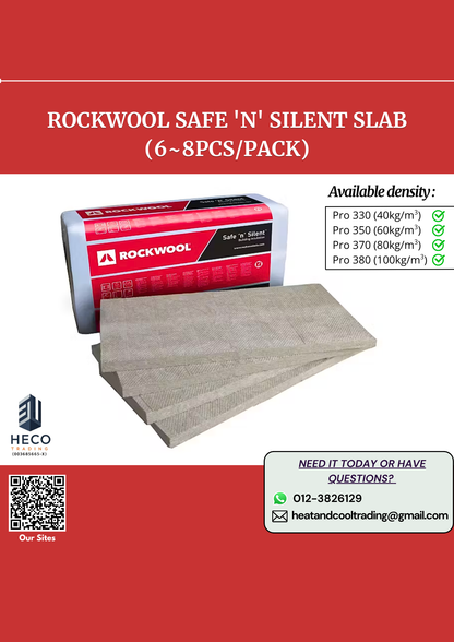 Rockwool safe 'n' silent slab packaging with product details on a red background