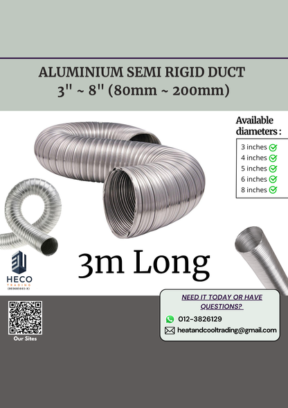 Advertisement for aluminium semi-rigid duct 3m with different diameter details and Heco branding.