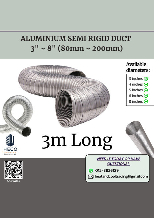 Advertisement for aluminium semi-rigid duct 3m with different diameter details and Heco branding.