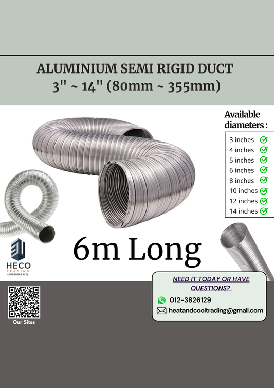 Aluminium semi-rigid duct 6m long with different diameter and Heco branding on a gray background