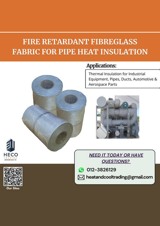 Poster for fire retardant fiberglass fabric for pipe heat insulation with product images.
