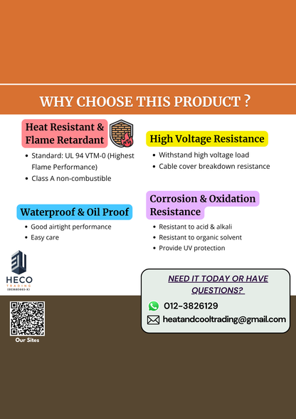 Product feature card with text on heat resistance, flame retardancy, high voltage resistance, waterproofing, and oil proofing.