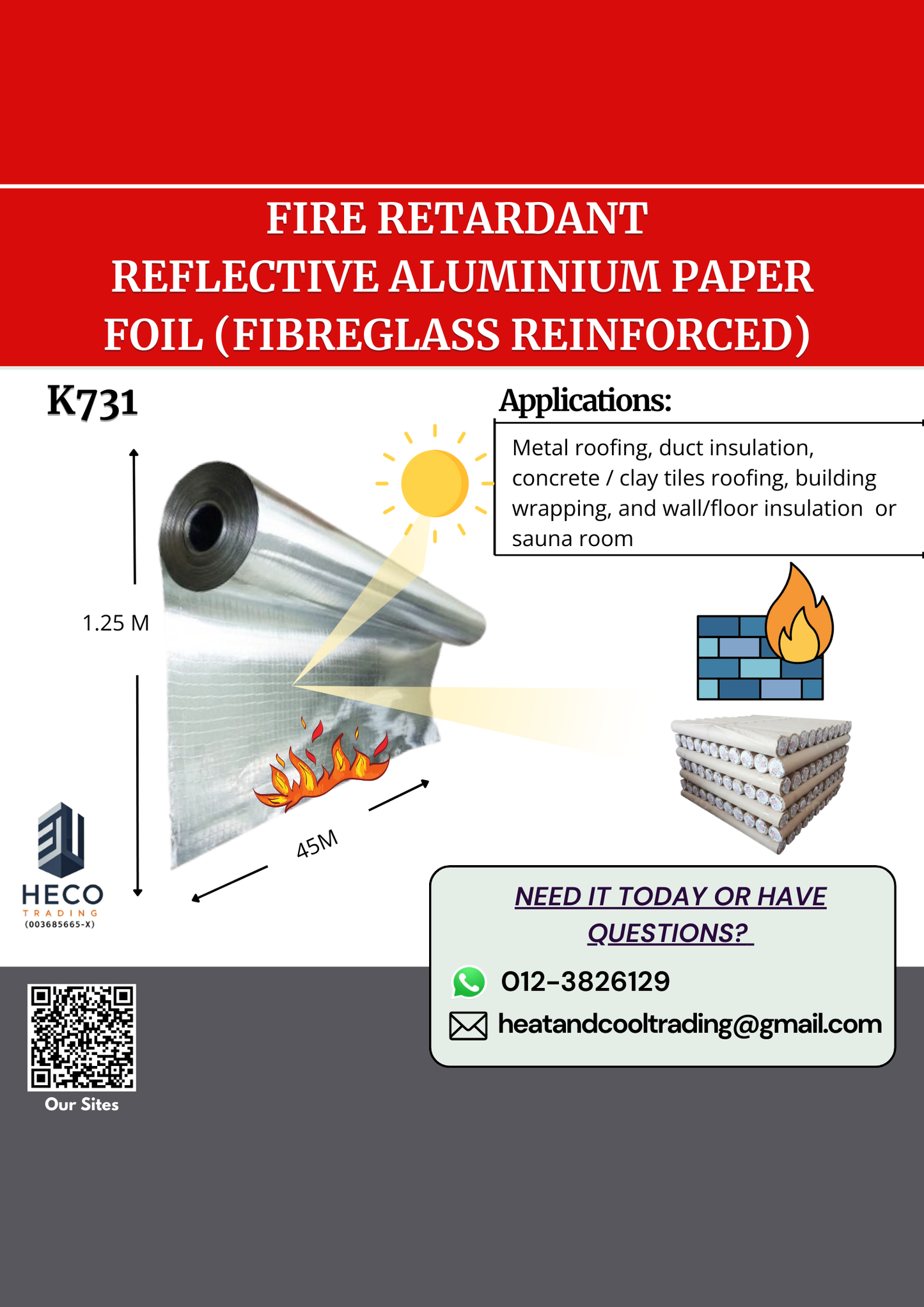 Fire Retardant Reflective Aluminium Paper Foil(Fibreglass Reinforced MS APRA K-731) 1.25x45M