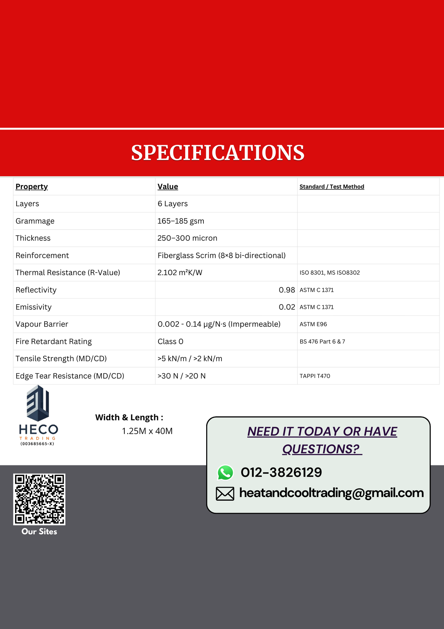 Fire Retardant Reflective Aluminium Paper Foil(Fibreglass Reinforced MS APRA K-731) 1.25x45M