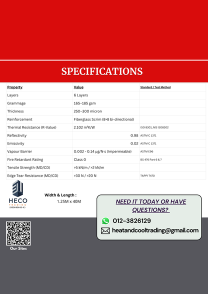 Fire Retardant Reflective Aluminium Paper Foil(Fibreglass Reinforced MS APRA K-731) 1.25x45M